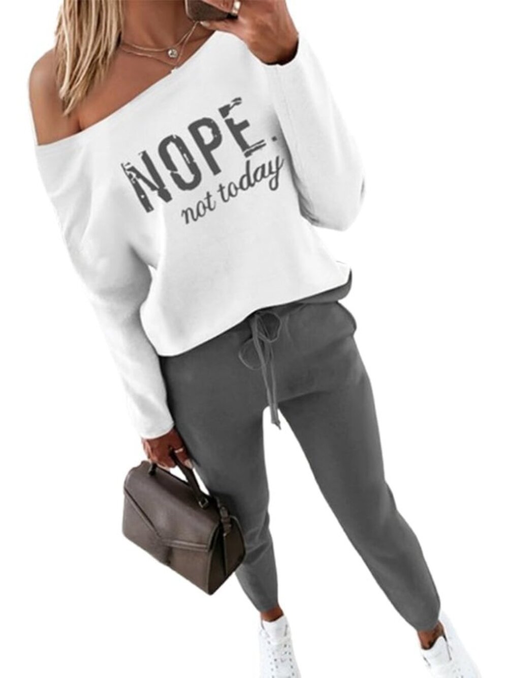 Stylish Gray Lounge Set: Women's Off-Shoulder Tracksuit for Fall and Winter